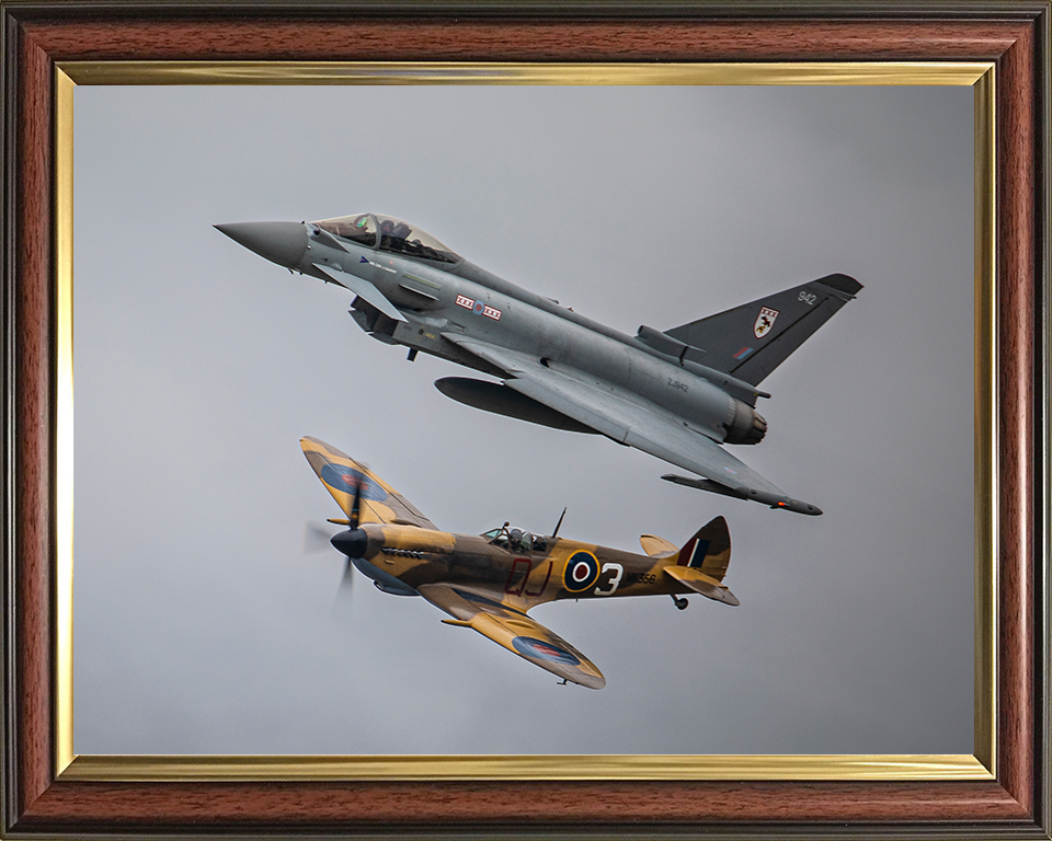 Typhoon FGR4 and RAF Spitfire in flight Photo Print - Royal Air Force Aircraft Hampshire Prints 10 x 8 Classic Frame No