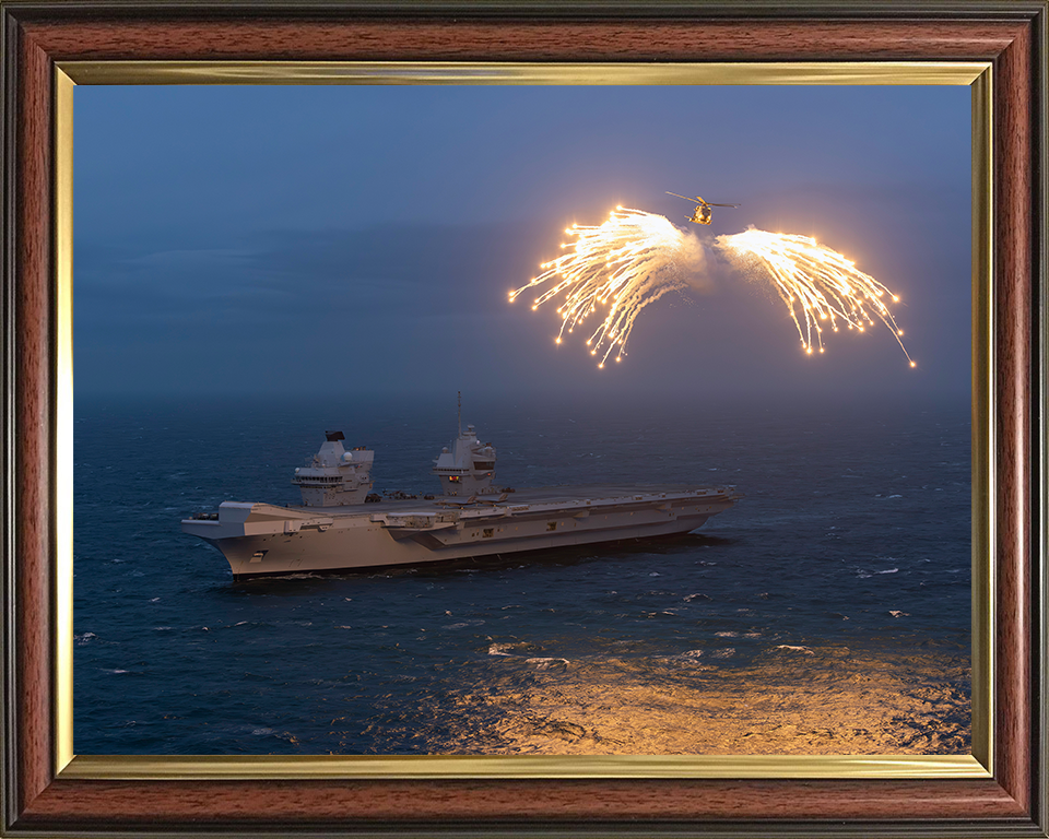 HMS Prince of Wales (R09) Photo Print - With Merlin - Royal Navy Queen Elizabeth Class Aircraft Carrier Hampshire Prints 10 x 8 Classic Frame No