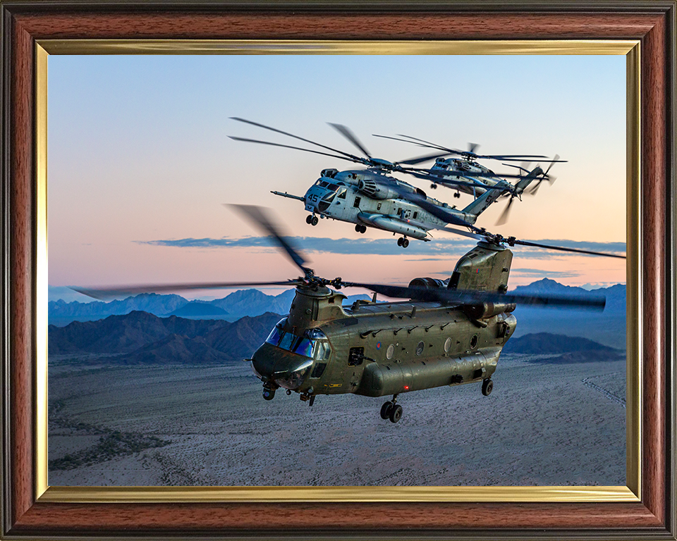 RAF CH-47 Chinook with two USMC ch-53 Sea Stallions Photo Print - Royal Air Force Aircraft Hampshire Prints 10 x 8 Classic Frame No