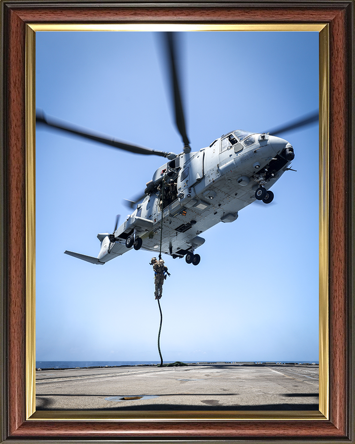 Royal Marine Commando Fast Roping from a Merlin Photo Print - 42 Commando Hampshire Prints 10 x 8 Classic Frame No