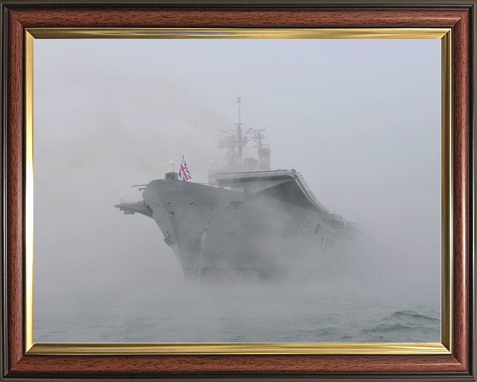 HMS Ark Royal (R07) Royal Navy Invincible Class Aircraft Carrier At Anchor in Mist Photo Print Wall Art Decor Posters, Prints, & Visual Artwork Hampshire Prints 10 x 8 Classic Frame No