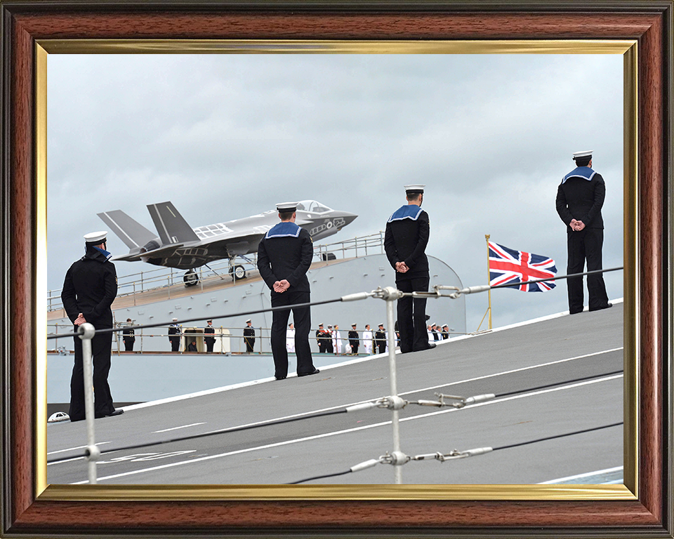 HMS Queen Elizabeth (R08) Photo Print - Sailors on Ski Jump - Royal Navy Queen Elizabeth Class Aircraft Carrier Hampshire Prints 10 x 8 Classic Frame No