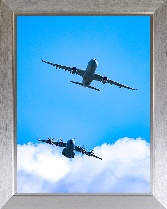 RAF Voyager and A400M Atlas in flight Photo Print - Royal Air Force Aircraft Hampshire Prints 10 x 8 Silver Frame No