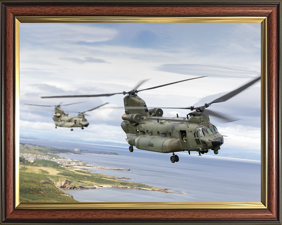 Two RAF Chinook Helicopters in Flight Photo Print - Royal Air Force Aircraft Hampshire Prints 10 x 8 Classic Frame No