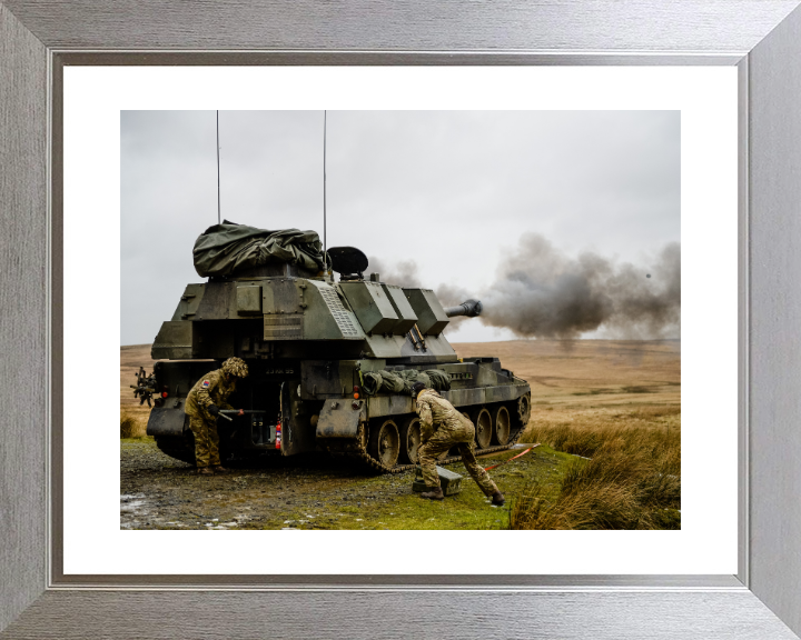 AS90 Self Propelled Artillery Vehicle firing British Army Vehicle Photo Print Wall Art Military Decor UK Posters, Prints, & Visual Artwork Hampshire Prints 10 x 8 Silver Frame Yes
