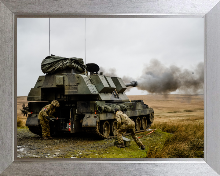 AS90 Self Propelled Artillery Vehicle firing British Army Vehicle Photo Print Wall Art Military Decor UK Posters, Prints, & Visual Artwork Hampshire Prints 10 x 8 Silver Frame No