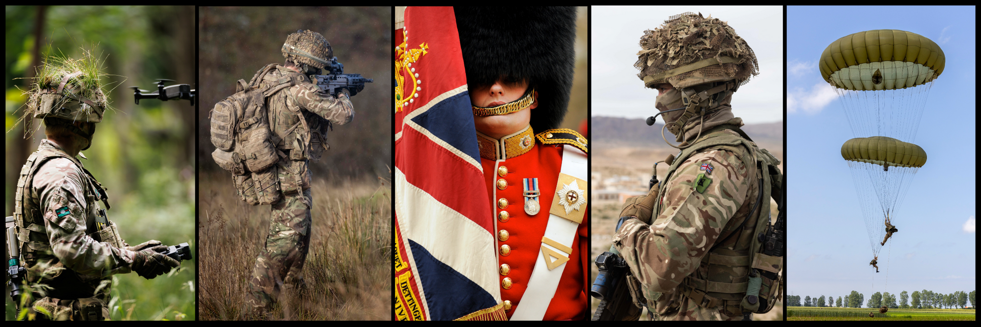 Collage of military-themed images including soldiers, a flag, and parachuting menbers of the British Army