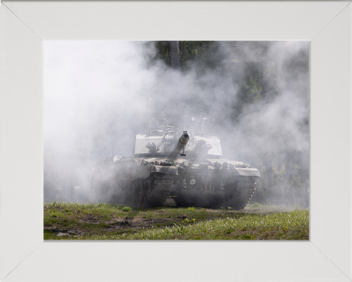 British Army Challenger 2 Main Battle Tank in Smoke Photo Print Wall Art Military Vehicle Decor Posters, Prints, & Visual Artwork Hampshire Prints 10 x 8 White Frame No