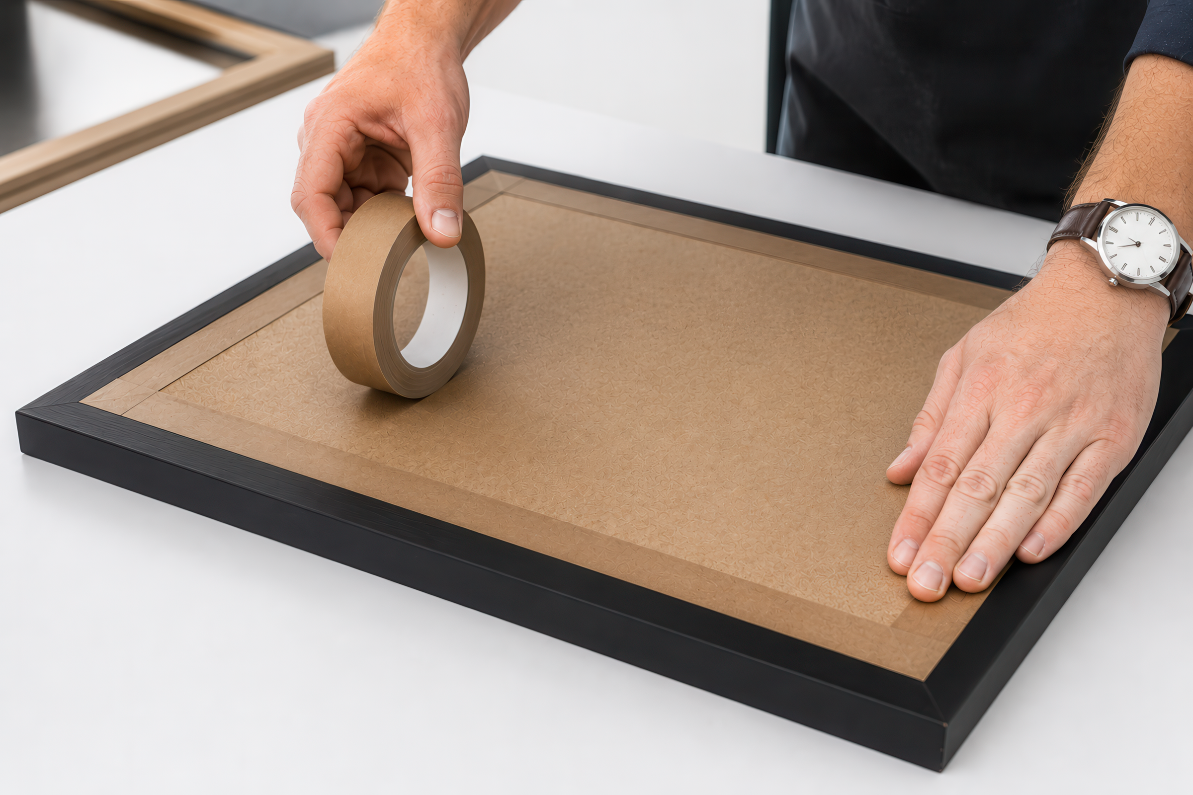 Person applying tape to a cardboard box on a white surface