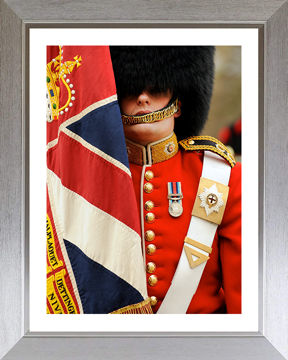 British Army Coldstream Guard with Regimental Colours Photo Print Wall Art Military Decor Posters, Prints, & Visual Artwork Hampshire Prints 10 x 8 Silver Frame Yes