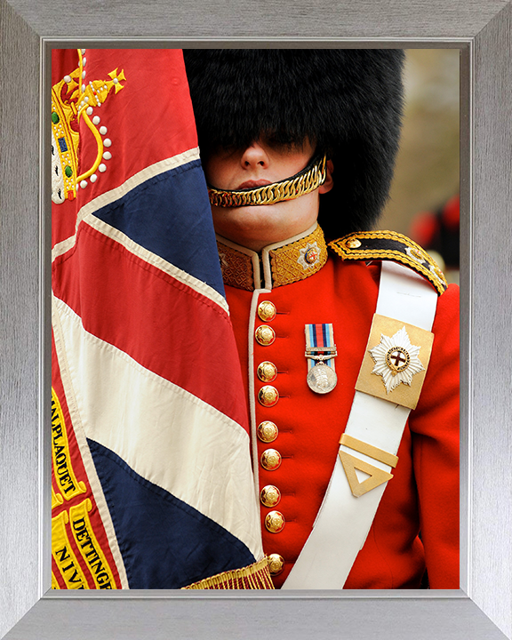 British Army Coldstream Guard with Regimental Colours Photo Print Wall Art Military Decor Posters, Prints, & Visual Artwork Hampshire Prints 10 x 8 Silver Frame No
