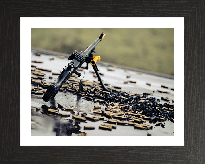 General Purpose Machine Gun surrounded by spent cartridges Photo Print - British Army Posters, Prints, & Visual Artwork Hampshire Prints 10 x 8 Black Frame Yes