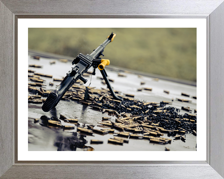 General Purpose Machine Gun surrounded by spent cartridges Photo Print - British Army Posters, Prints, & Visual Artwork Hampshire Prints 10 x 8 Silver Frame Yes
