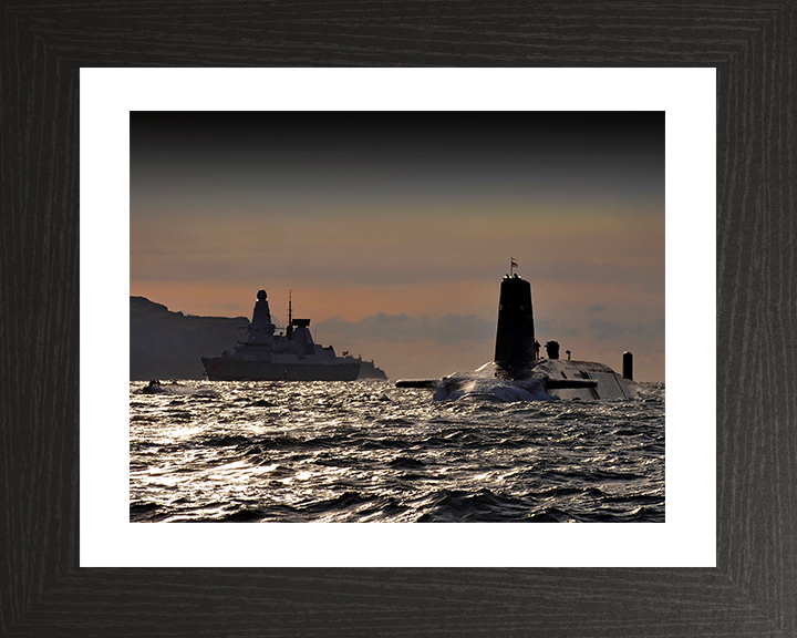 HMS Vanguard (S28) Photo Print - With HMS Dragon - Royal Navy Vanguard Class Submarine Posters, Prints, & Visual Artwork Hampshire Prints 10 x 8 Black Frame Yes