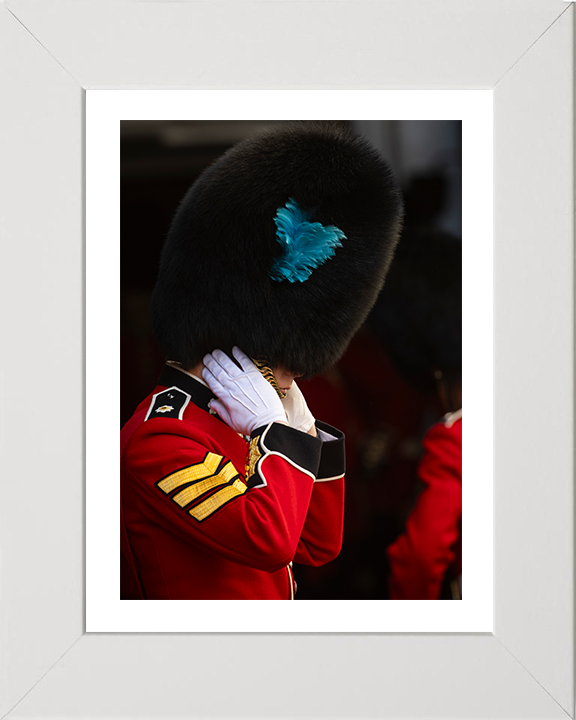 British Army Irish Guards Sergeant dons his Bear Skin Photo Print Wall Art Military Decor Posters, Prints, & Visual Artwork Hampshire Prints 10 x 8 White Frame Yes