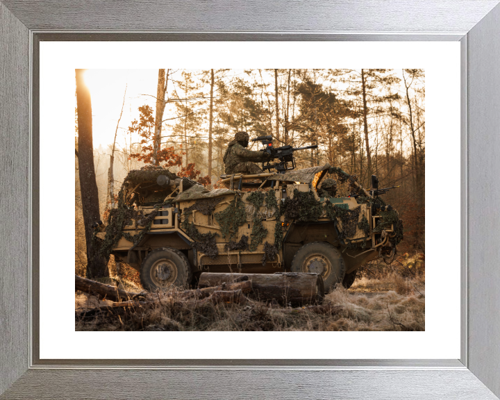 British Army Jackal Vehicle At Sunset Photo Print Wall Art Military Decor Poster Posters, Prints, & Visual Artwork Hampshire Prints 10 x 8 Silver Frame Yes