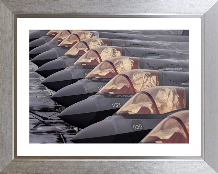 RAF F-35B Lightening Jets lined up Photo Print Wall Art Military Decor Aviation Poster Posters, Prints, & Visual Artwork Hampshire Prints 10 x 8 Silver Frame Yes