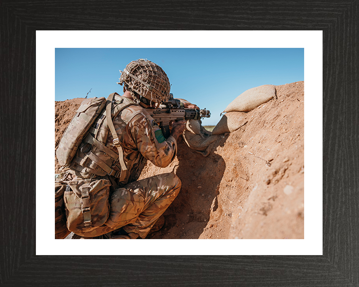 British Army Parachute Regiment Soldier Firing from a Trench Photo Print Wall Art Military Decor Posters, Prints, & Visual Artwork Hampshire Prints 10 x 8 Black Frame Yes