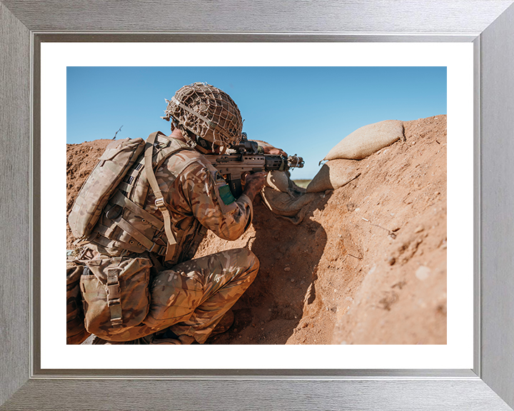 British Army Parachute Regiment Soldier Firing from a Trench Photo Print Wall Art Military Decor Posters, Prints, & Visual Artwork Hampshire Prints 10 x 8 Silver Frame Yes