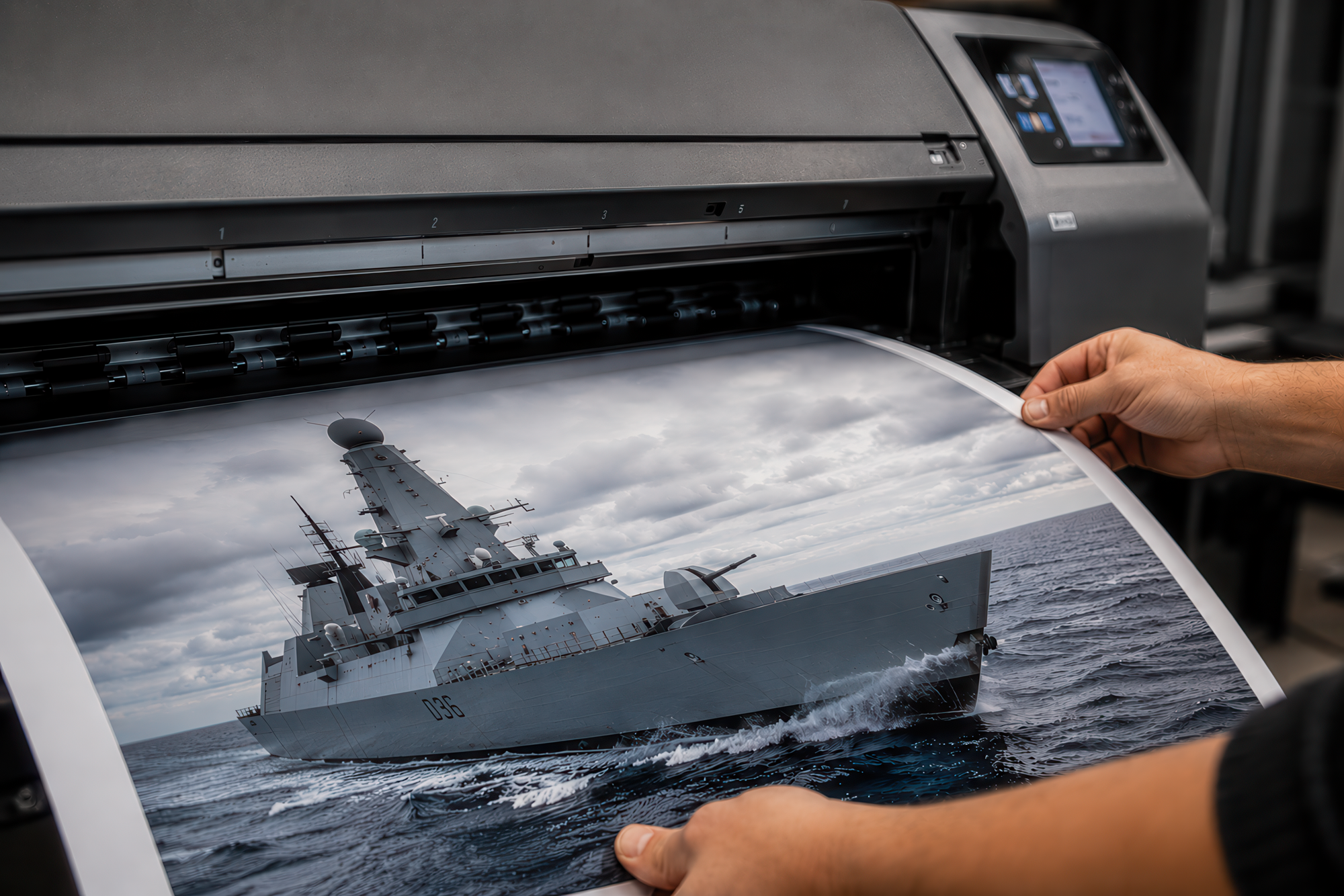 Large-format printer with a printed image of a ship held by a person.