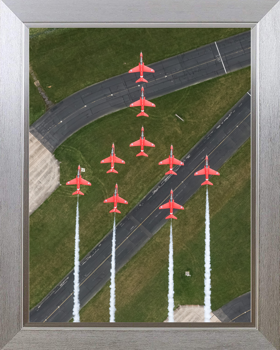 RAF Red Arrows Nine Hawks Over Airfield Runway April 2024