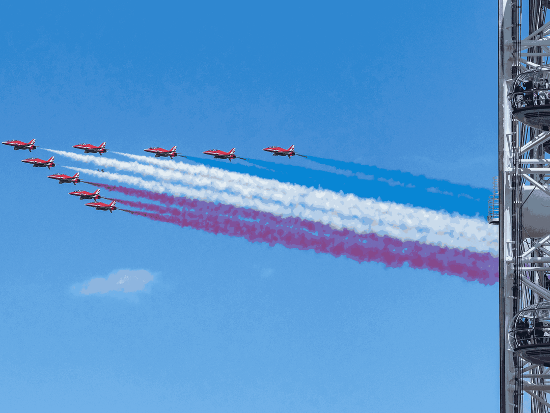 RAF Red Arrows Red White and Blue Smoke London Eye June 2024