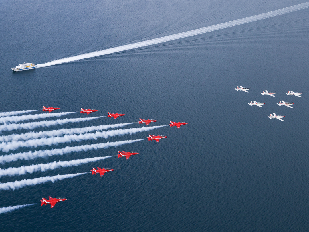 RAF Red Arrows and Wings of Storm Over Boat Wake April 2024