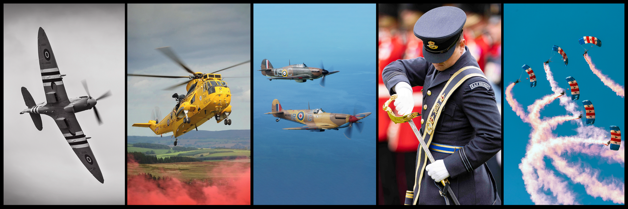 Collage of military aircraft, helicopter, and a person in uniform mebers of the Royal Air Force