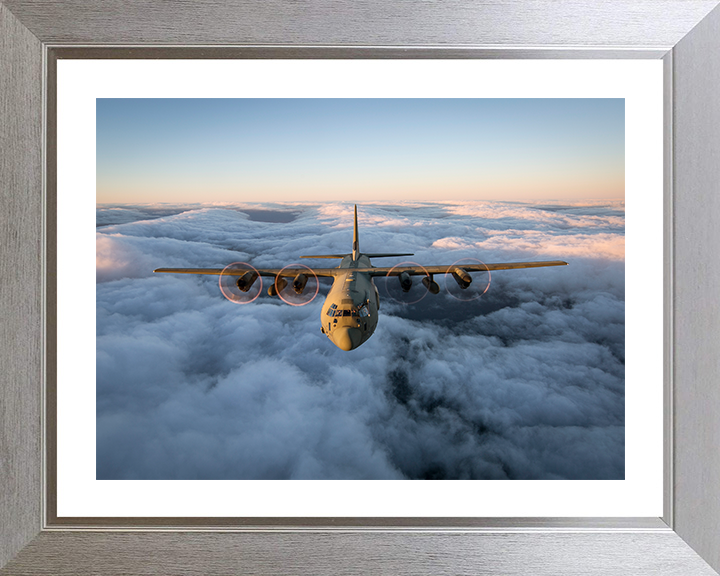 RAF C130J Hercules Flying above the Clouds 2018 Royal Air Force Aircraft Photo Print Wall Art Aviation Decor UK Posters, Prints, & Visual Artwork Hampshire Prints 10 x 8 Silver Frame Yes