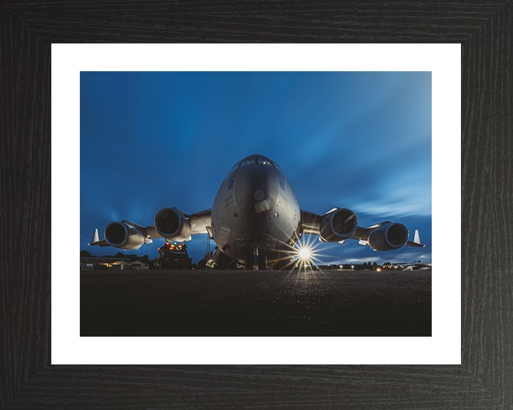 RAF C-17 Globemaster after dusk Photo Print Royal Air Force Aircraft Wall Art Aviation Decor Posters, Prints, & Visual Artwork Hampshire Prints 10 x 8 Black Frame Yes