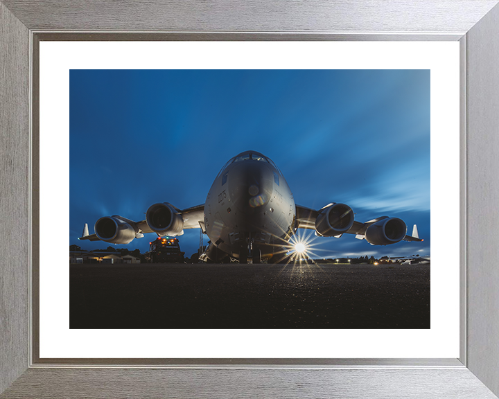 RAF C-17 Globemaster after dusk Photo Print Royal Air Force Aircraft Wall Art Aviation Decor Posters, Prints, & Visual Artwork Hampshire Prints 10 x 8 Silver Frame Yes