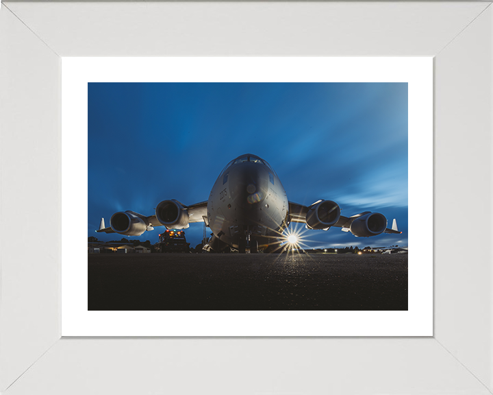 RAF C-17 Globemaster after dusk Photo Print Royal Air Force Aircraft Wall Art Aviation Decor Posters, Prints, & Visual Artwork Hampshire Prints 10 x 8 White Frame Yes
