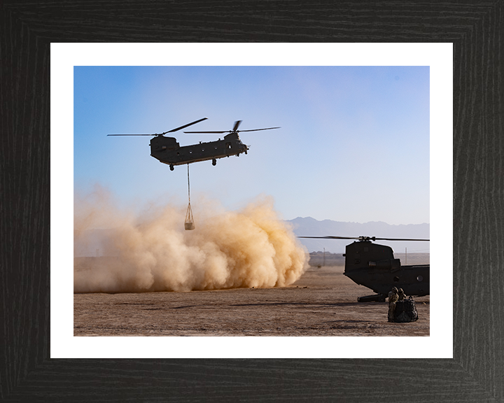 RAF Chinook helicopter carrying an underslung load Photo Print Royal Air Force Aircraft Wall Art Aviation Decor Posters, Prints, & Visual Artwork Hampshire Prints 10 x 8 Black Frame Yes