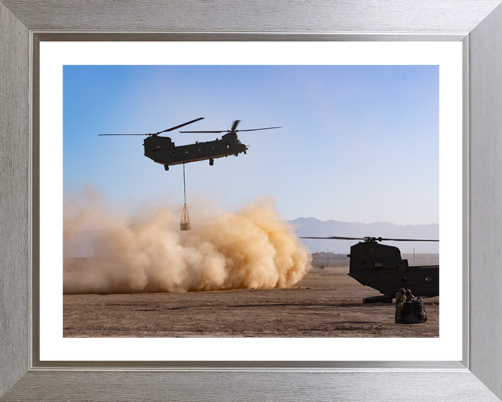 RAF Chinook helicopter carrying an underslung load Photo Print Royal Air Force Aircraft Wall Art Aviation Decor Posters, Prints, & Visual Artwork Hampshire Prints 10 x 8 Silver Frame Yes