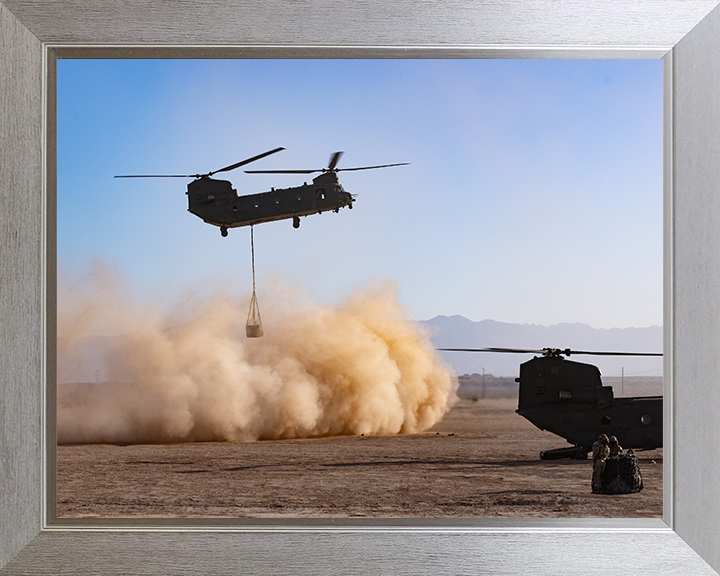 RAF Chinook helicopter carrying an underslung load Photo Print Royal Air Force Aircraft Wall Art Aviation Decor Posters, Prints, & Visual Artwork Hampshire Prints 10 x 8 Silver Frame No