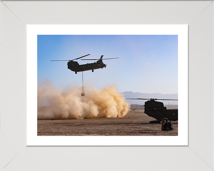 RAF Chinook helicopter carrying an underslung load Photo Print Royal Air Force Aircraft Wall Art Aviation Decor Posters, Prints, & Visual Artwork Hampshire Prints 10 x 8 White Frame Yes
