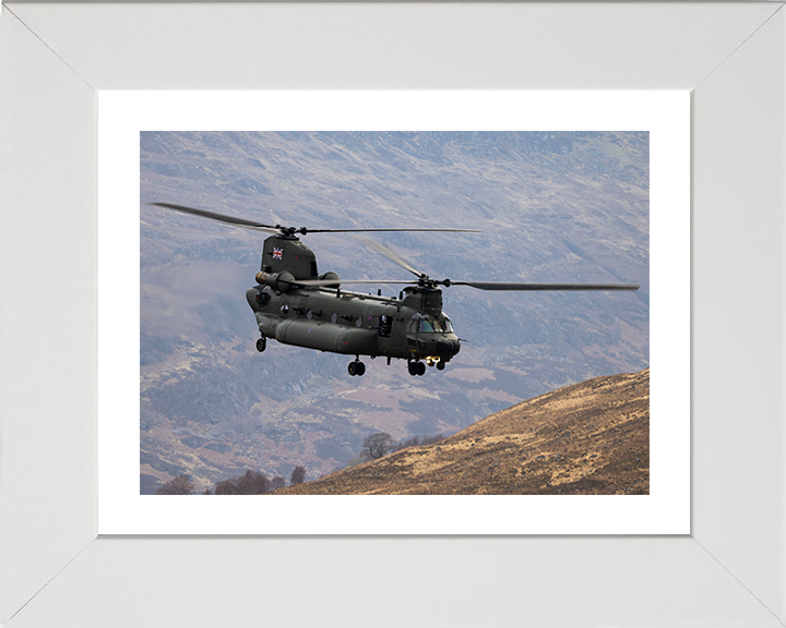 RAF Chinook Helicopter Flies Over The Highlands Photo Print Royal Air Force Aircraft Wall Art Aviation Decor Posters, Prints, & Visual Artwork Hampshire Prints 10 x 8 White Frame Yes