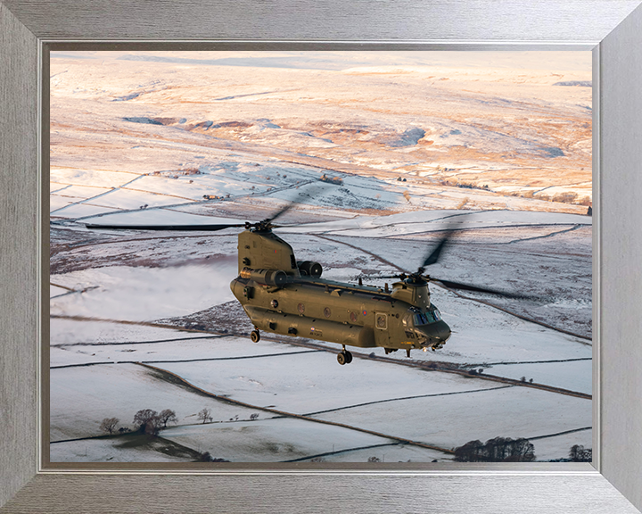 RAF Chinook Helicopter Flies Over Winter Countryside Photo Print Royal Air Force Aircraft Wall Art Aviation Decor Posters, Prints, & Visual Artwork Hampshire Prints 10 x 8 Silver Frame No