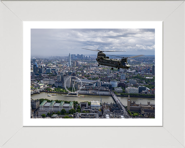 RAF Chinook Helicopter Over London Photo Print Royal Air Force Aircraft Wall Art Aviation Decor Poster Posters, Prints, & Visual Artwork Hampshire Prints 10 x 8 White Frame Yes