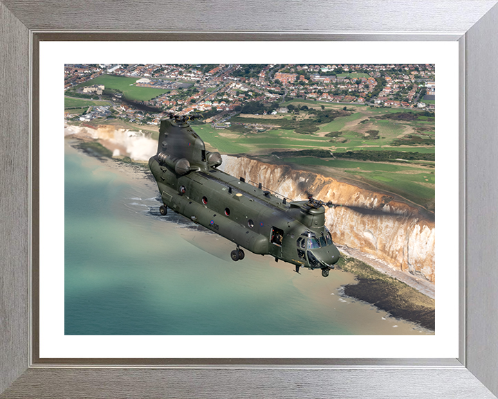 RAF Chinook Helicopter Over the English Coast Photo Print Royal Air Force Aircraft Wall Art Aviation Decor Posters, Prints, & Visual Artwork Hampshire Prints 10 x 8 Silver Frame Yes