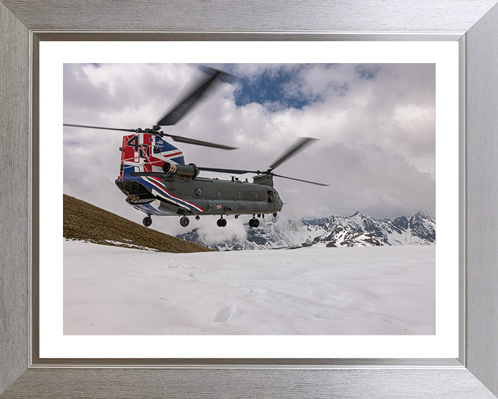 RAF Chinook Helicopter with Union Jack Photo Print Royal Air Force Aircraft Wall Art Aviation Decor Posters, Prints, & Visual Artwork Hampshire Prints 10 x 8 Silver Frame Yes
