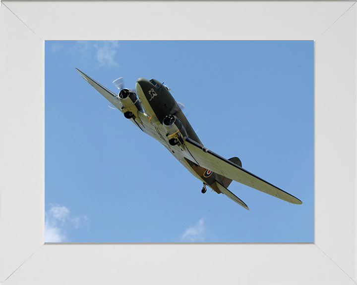 RAF Douglas C-47 Dakota in Flight Photo Print Royal Air Force Aircraft Wall Art Aviation Decor Posters, Prints, & Visual Artwork Hampshire Prints 10 x 8 White Frame No