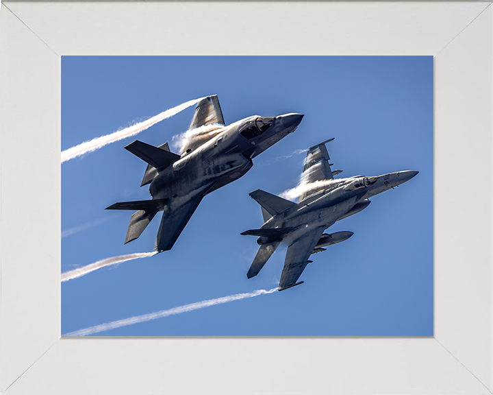 RAF F-35B Lightening with US Navy F/A18E Photo Print Royal Air Force Aircraft Wall Art Aviation Decor Posters, Prints, & Visual Artwork Hampshire Prints 10 x 8 White Frame No