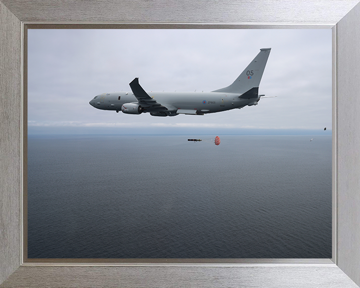 RAF Poseidon (P8A) releasing a torpedo Photo Print Royal Air Force Aircraft Wall Art Aviation Decor Posters, Prints, & Visual Artwork Hampshire Prints 10 x 8 Silver Frame No