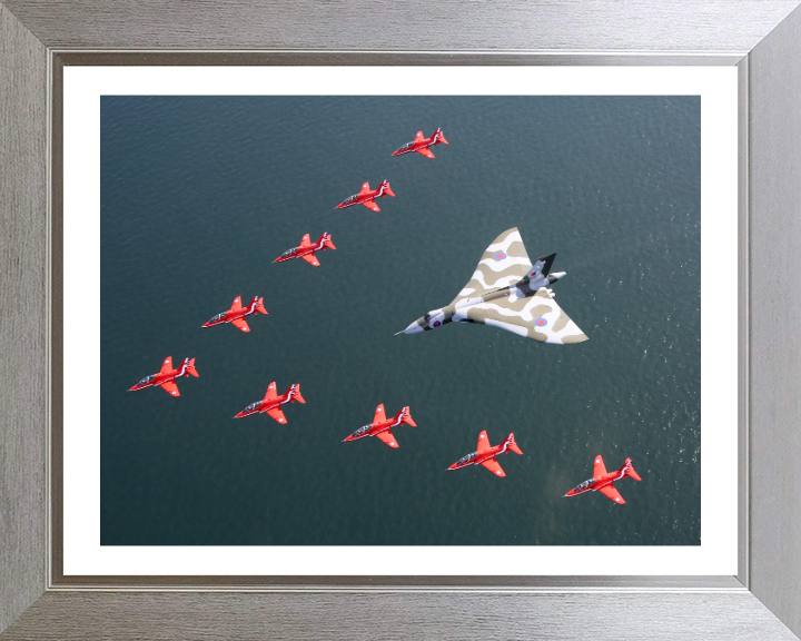 RAF Red Arrows and Vulcan bomber Photo Print Royal Air Force Aircraft Aerobatic Display Wall Art Aviation Decor UK Posters, Prints, & Visual Artwork Hampshire Prints 10 x 8 Silver Frame Yes