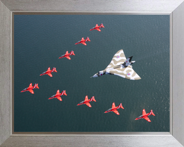 RAF Red Arrows and Vulcan bomber Photo Print Royal Air Force Aircraft Aerobatic Display Wall Art Aviation Decor UK Posters, Prints, & Visual Artwork Hampshire Prints 10 x 8 Silver Frame No