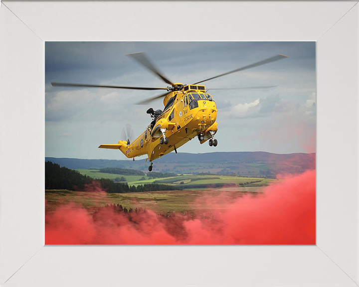 RAF (SAR) Sea King Helicopter With Red Smoke 2011 Photo Print Royal Air Force Aircraft Wall Art Aviation Decor Posters, Prints, & Visual Artwork Hampshire Prints 10 x 8 White Frame No