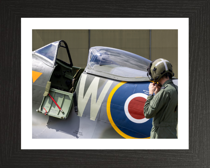 RAF Spitfire and Pilot Photo Print Royal Air Force Wall Art Decor Poster Posters, Prints, & Visual Artwork Hampshire Prints 10 x 8 Black Frame Yes
