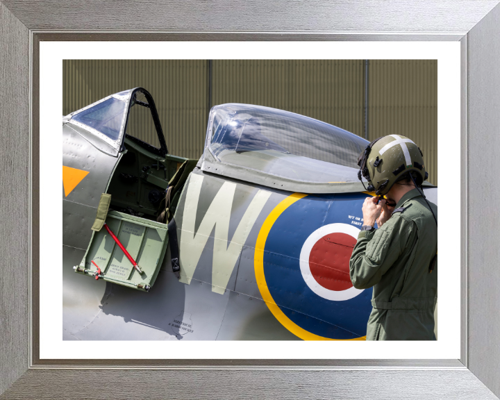 RAF Spitfire and Pilot Photo Print Royal Air Force Wall Art Decor Poster Posters, Prints, & Visual Artwork Hampshire Prints 10 x 8 Silver Frame Yes
