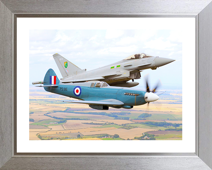RAF Spitfire And Typhoon in Flight 2010 Royal Air Force Aircraft Photo Print Wall Art Aviation Decor UK Posters, Prints, & Visual Artwork Hampshire Prints 10 x 8 Silver Frame Yes